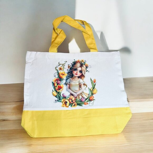 Large Canvas Tote Bag with Flower Girl Art | Hand Pressed | 17”x14” - Picture 2 of 4